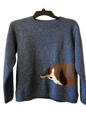 Adorable Women’s Blue Crewneck Sweater with Dog on it.
